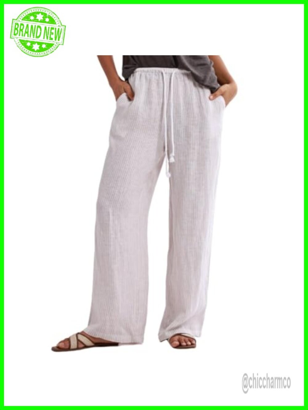 Women's 100% Linen Striped Wide Leg Pants Drawstring Beach Lounge